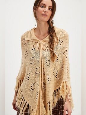 Free People x Understated Leather Eyelet Knit Poncho Ivory Neutral One Size NWT